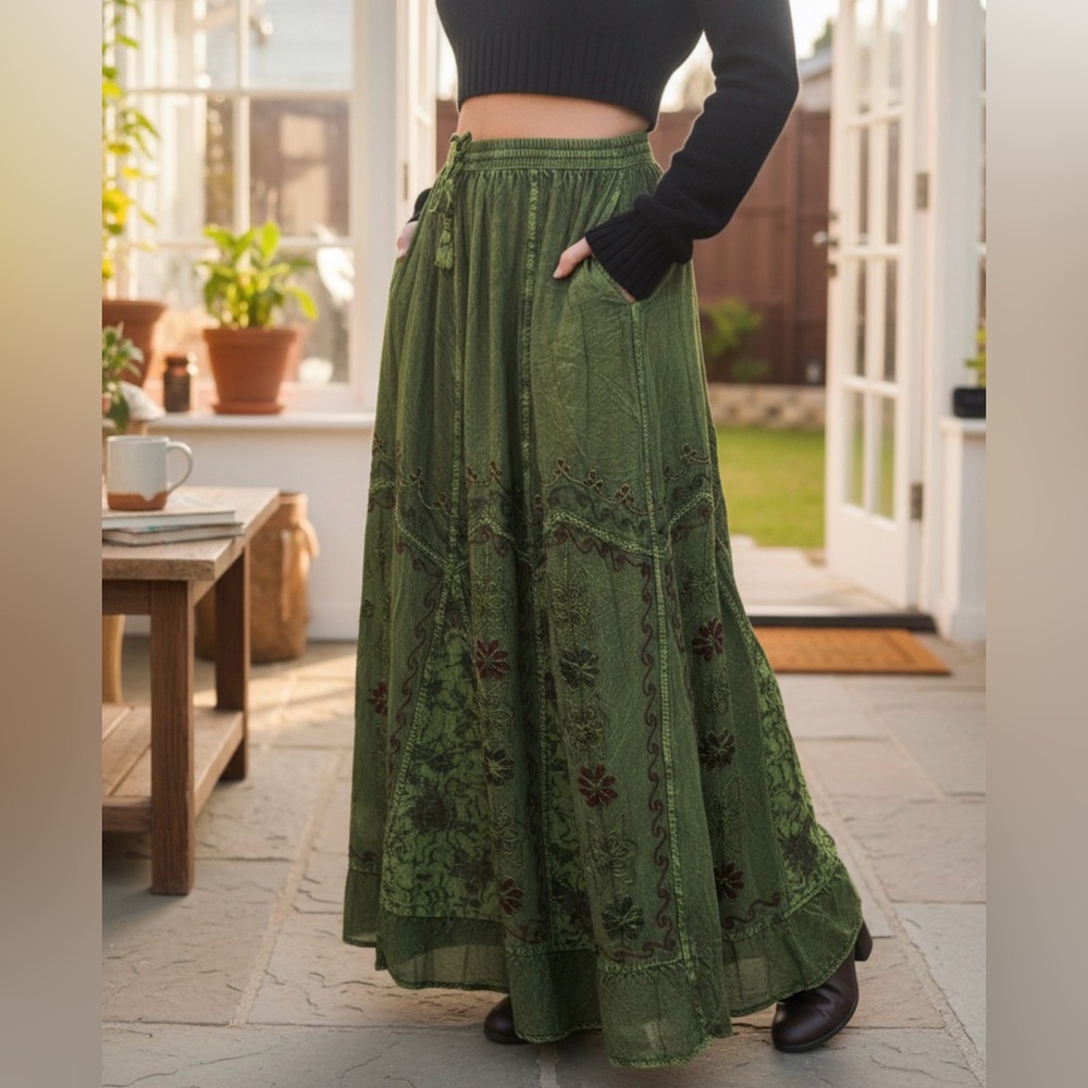 Chic Olive Maxi Skirt with Floral Accents - Picture 3 of 12